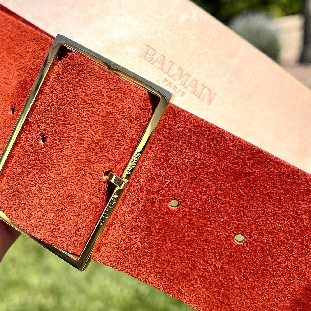Balmain Paris Suede Leather Waist Belt Rust Red Gold Buckle Size 36 fits S NWOT - Picture 2 of 7